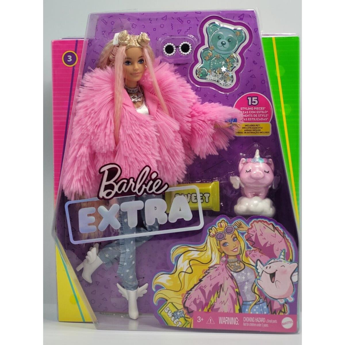 Barbie Extra Doll 3 Pink Coat W/pet Unicorn Pig Blonde Hair Blue Eyes