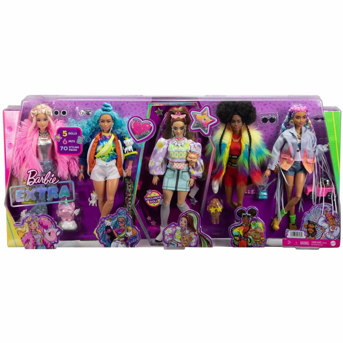 Barbie Extra 5-Doll Set with 6 Pets 70 Styling Pieces For Kids 3 Years Up