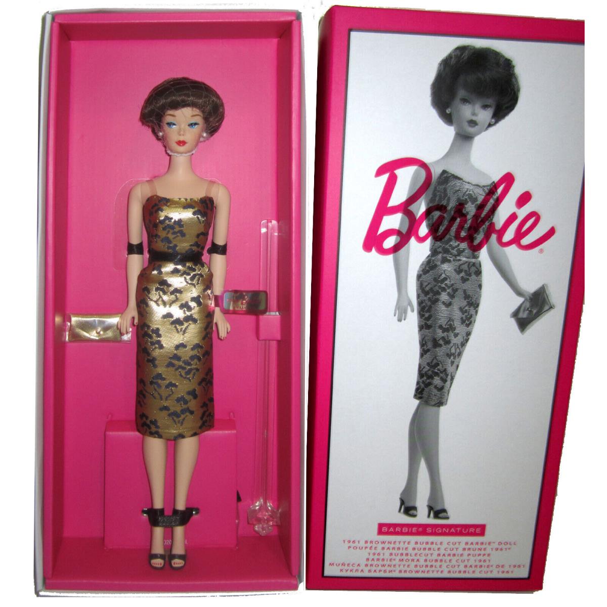 Silkstone Barbie Repro 1961 Brownette Bubble Cut with Gold Navy Lame Sheath Nrfb