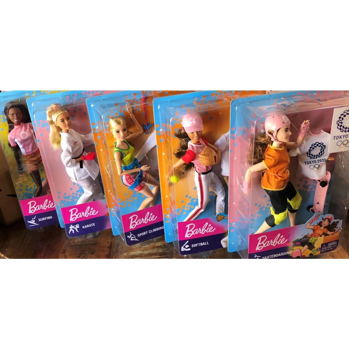 Barbie Tokyo 2020 Olympics 5 Doll Set Climb Surf Skateboard Softball Karate