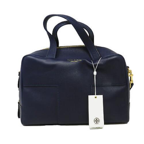 Tory Burch Block-t Pebbled Royal Navy Zip Satchel