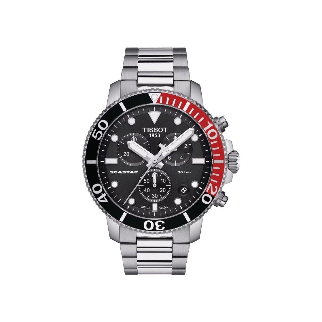 Tissot Seastar 1000 Chronograph Black Dial Grey Strap Men`s Watch T1204171105101 - Black Dial, Gray Band, Red/Black Bezel