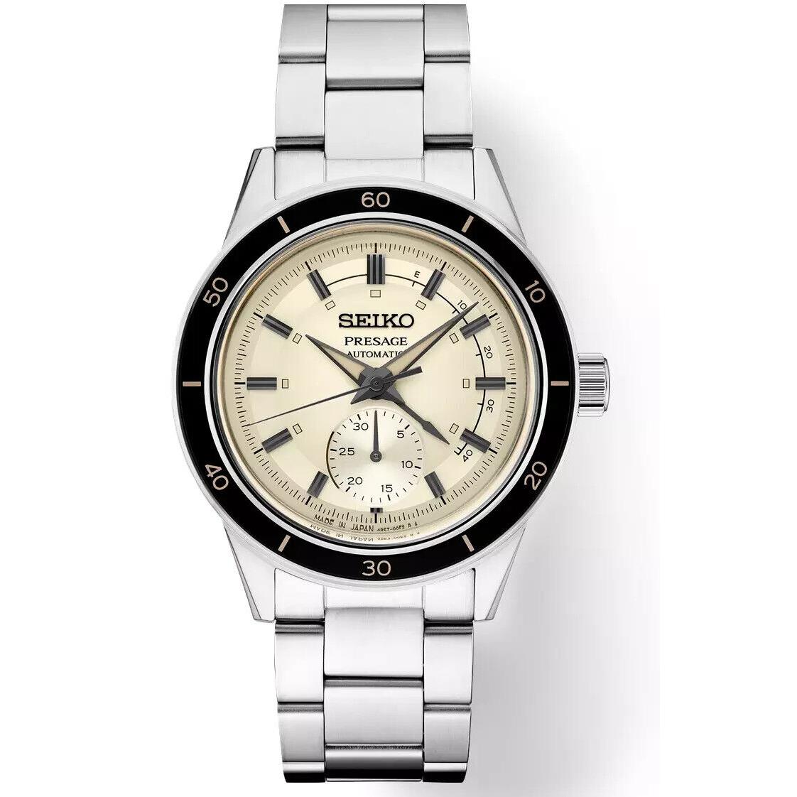 Seiko SSA447 Men`s Presage 60s Style Cream Dial Automatic Stainless Steel Watch