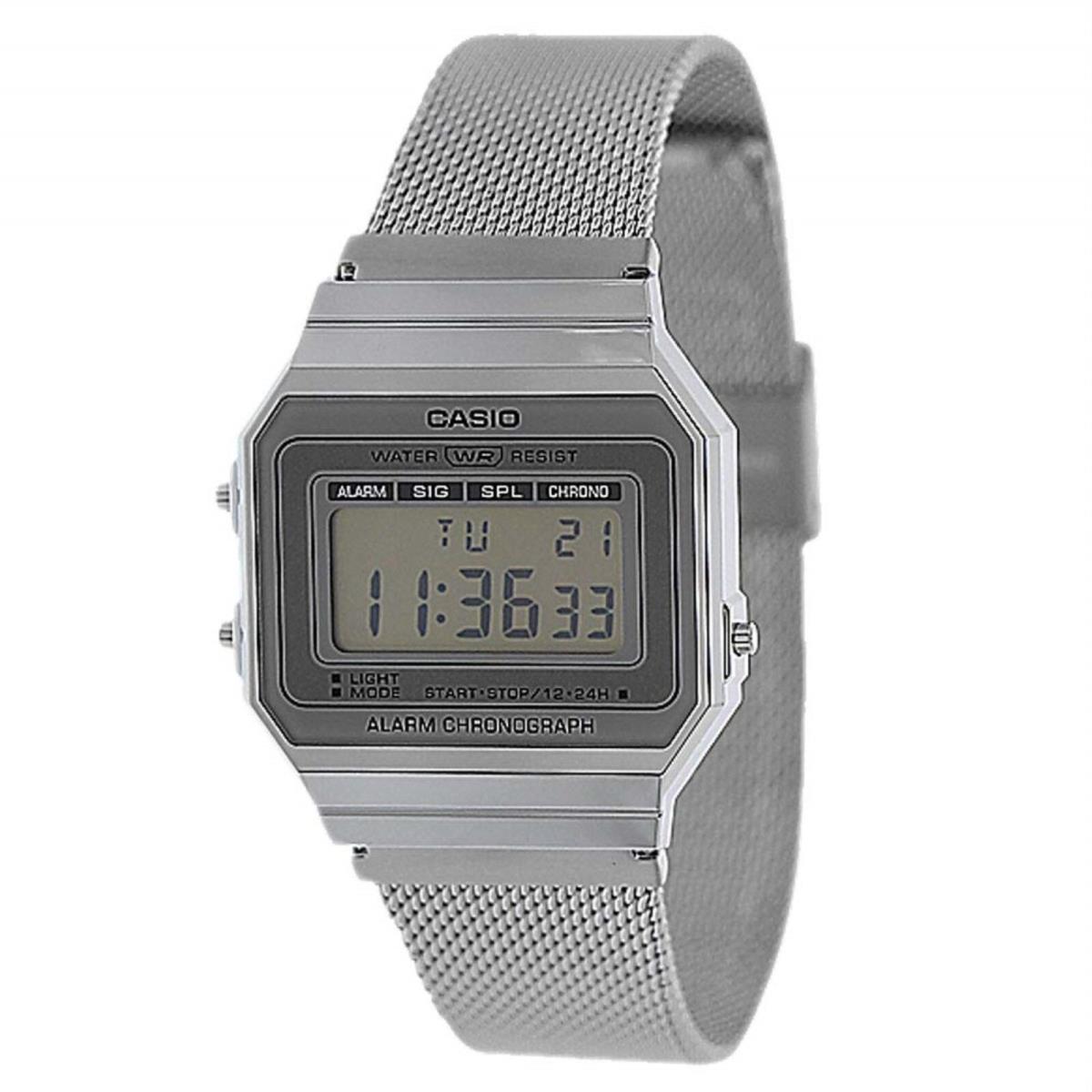 Casio A700WM-7AVT Men`s Vintage Silver Tone Mesh Band Alarm Chronograph Watch - Dial: Silver, Band: Silver, Bezel: Silver