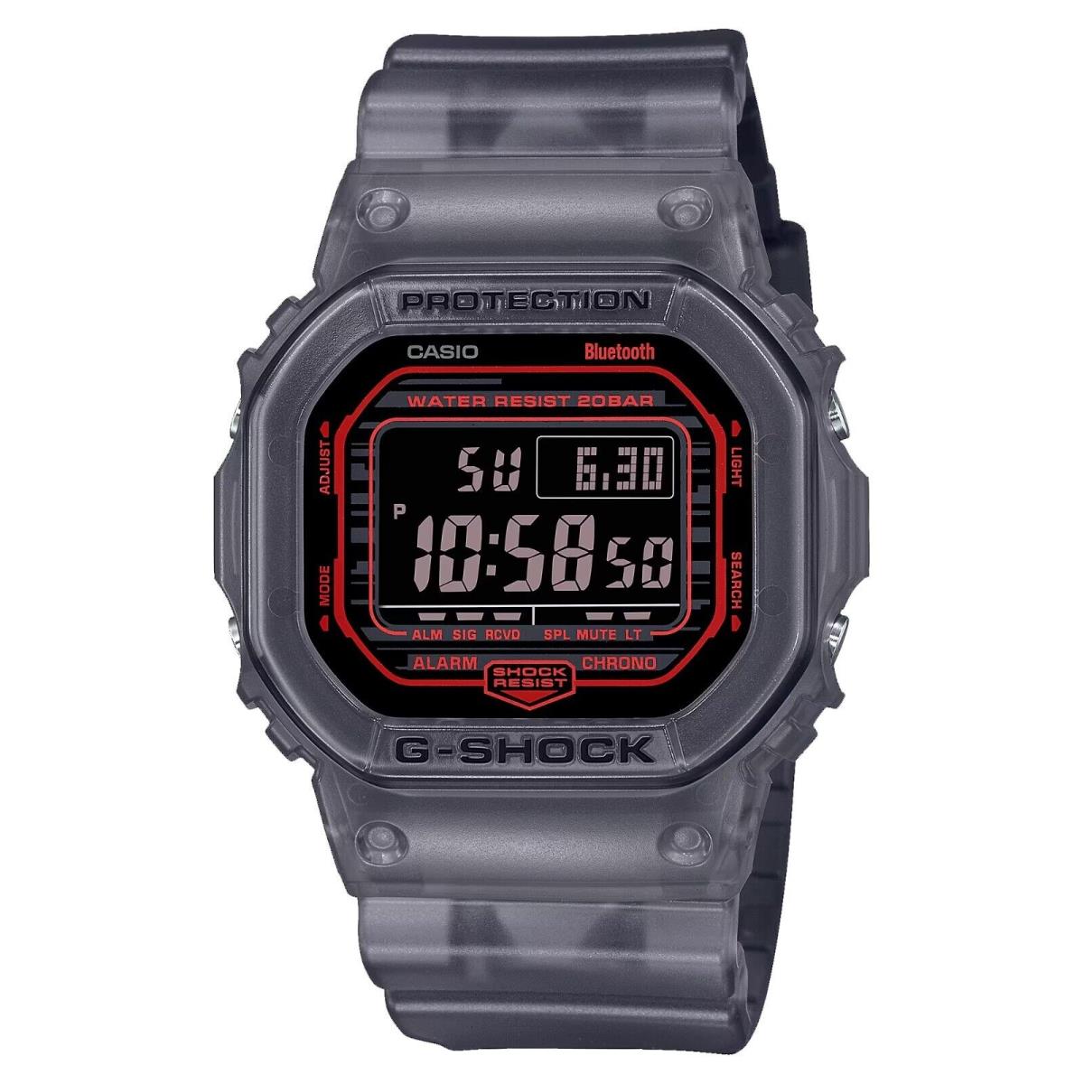Casio DWB5600G-1 Men`s Transparent Gray Bluetooth Alarm Chrono G Shock Watch - Dial: Black, Band: Gray, Bezel: Gray