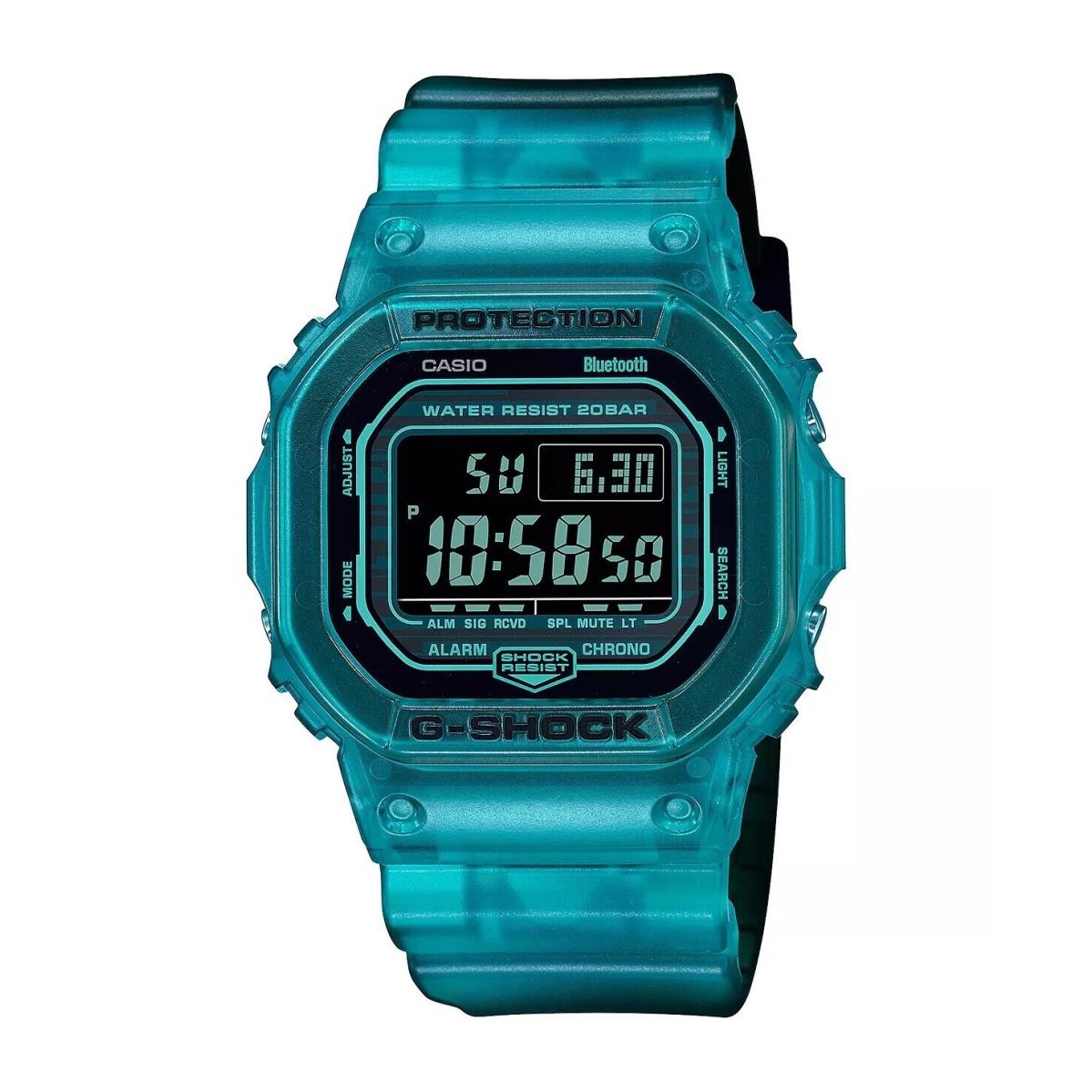 Casio DWB5600G-2 Men`s Transparent Blue Bluetooth Alarm Chrono G Shock Watch - Dial: Black, Band: Blue, Bezel: Blue