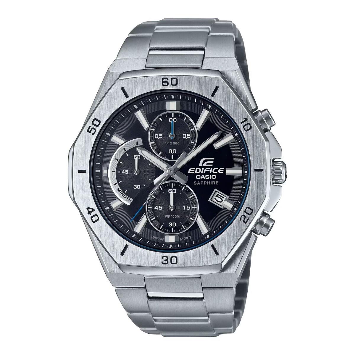 Casio Edifice Men`s Chronograph Silver Stainless Steel Watch 45MM EFB-680D-1AVCR - Dial: Silver, Band: Silver, Bezel: Silver