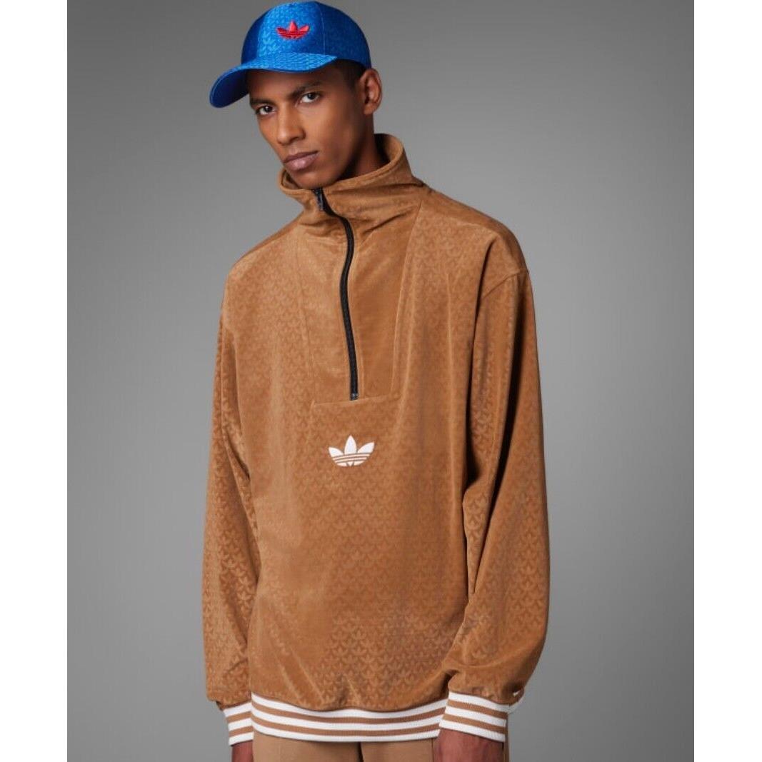 Adidas Adicolor Heritage Funnel Velour Top Men`s Large L Sweatshirt Jacket Brown