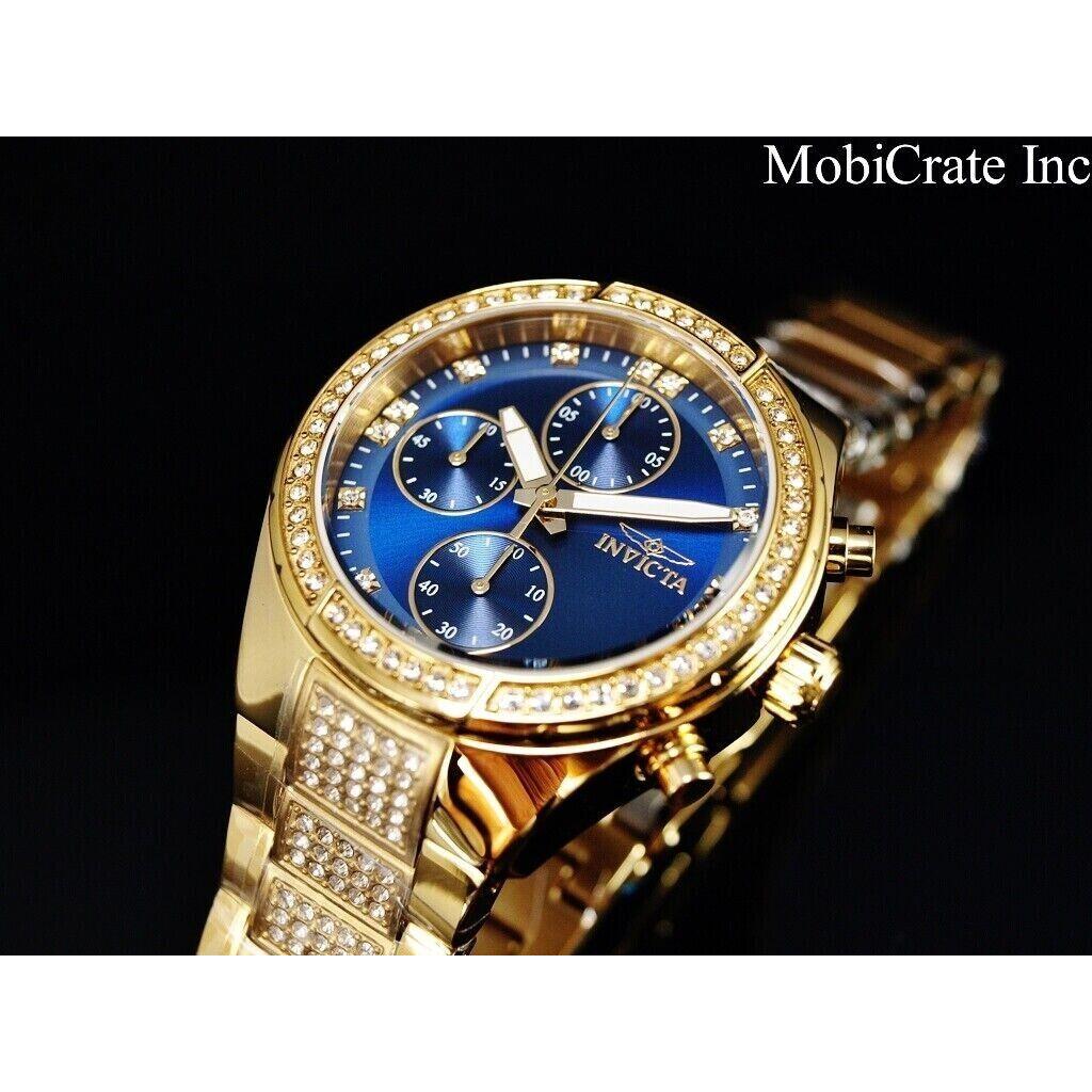 Invicta 38mm Royal Pave Crystal Quartz Chronograph Gold Tone Blue Dial SS Watch