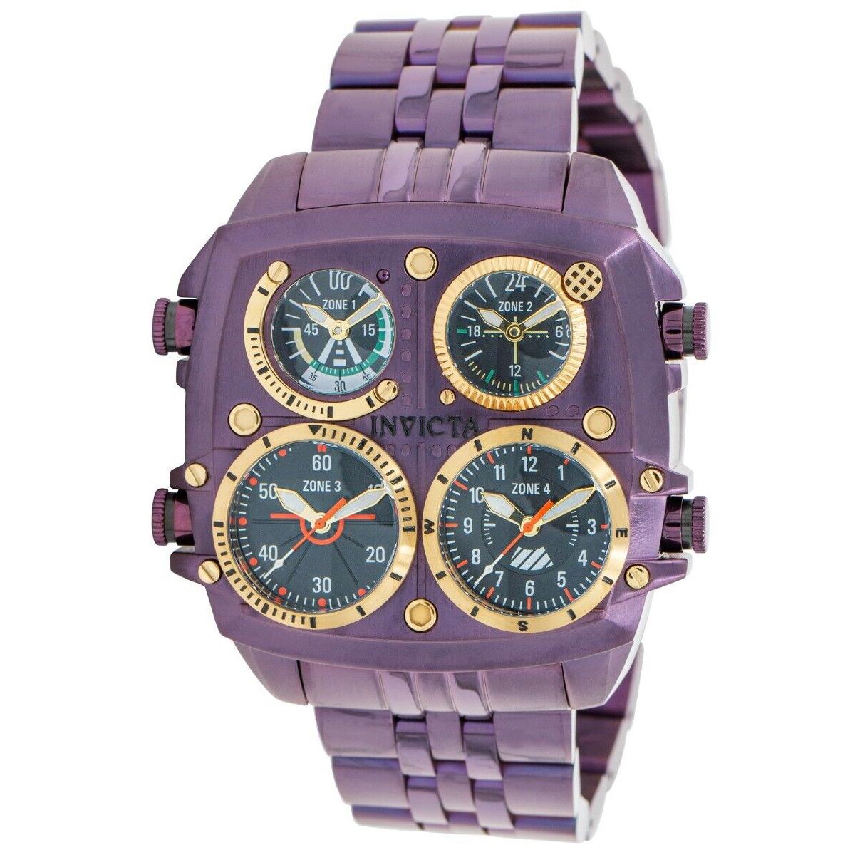 Invicta Aviator Zulu Men`s 50mm Purple 4-Time Zone Quartz Watch 39280 Rare - Dial: Black, Multicolor, Band: Purple, Bezel: Purple