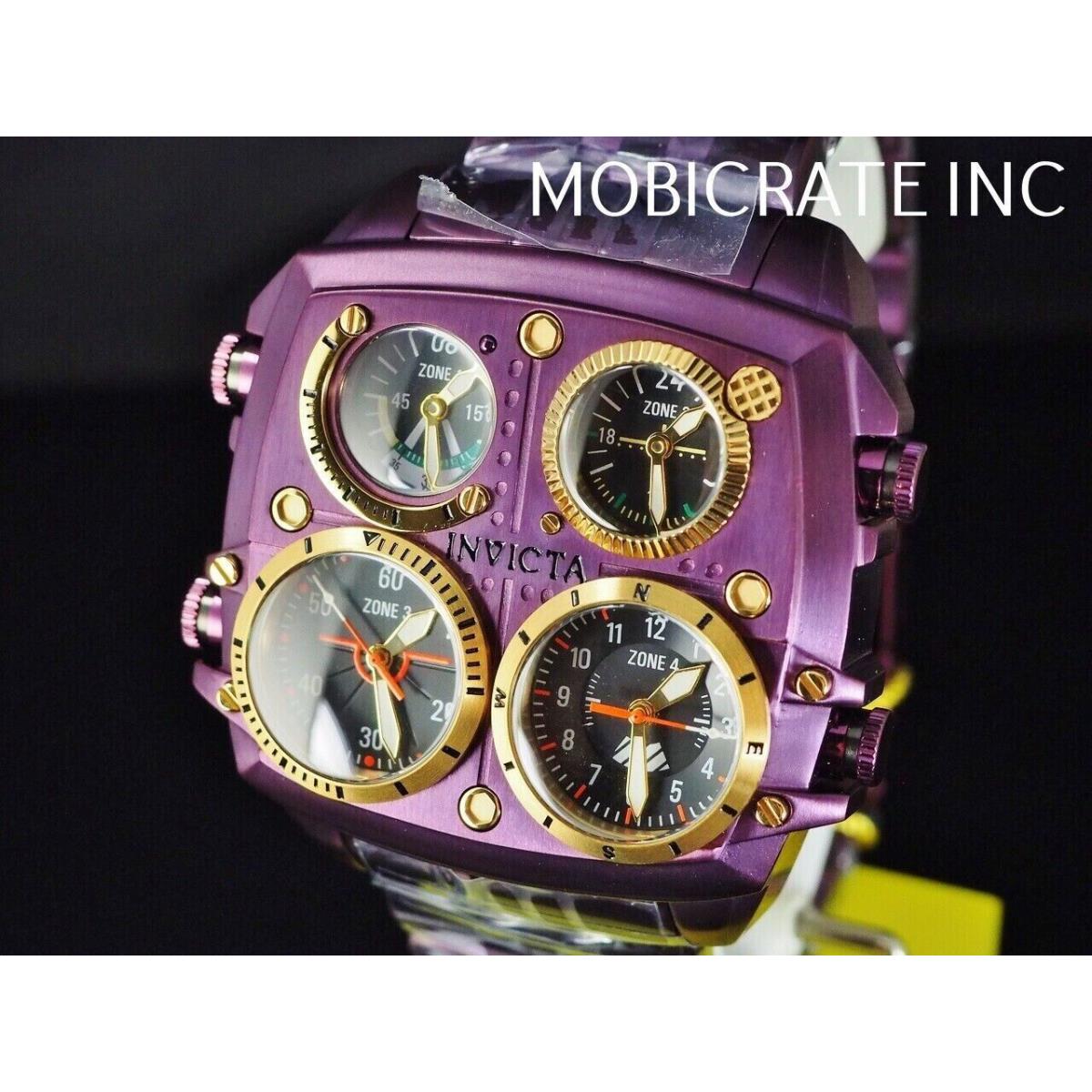 Invicta Mens 50mm Gauge Cluster Aviator Zulu Quad Time Zone Purple Tone SS Watch - Dial: Black, Band: Purple, Bezel: Gold