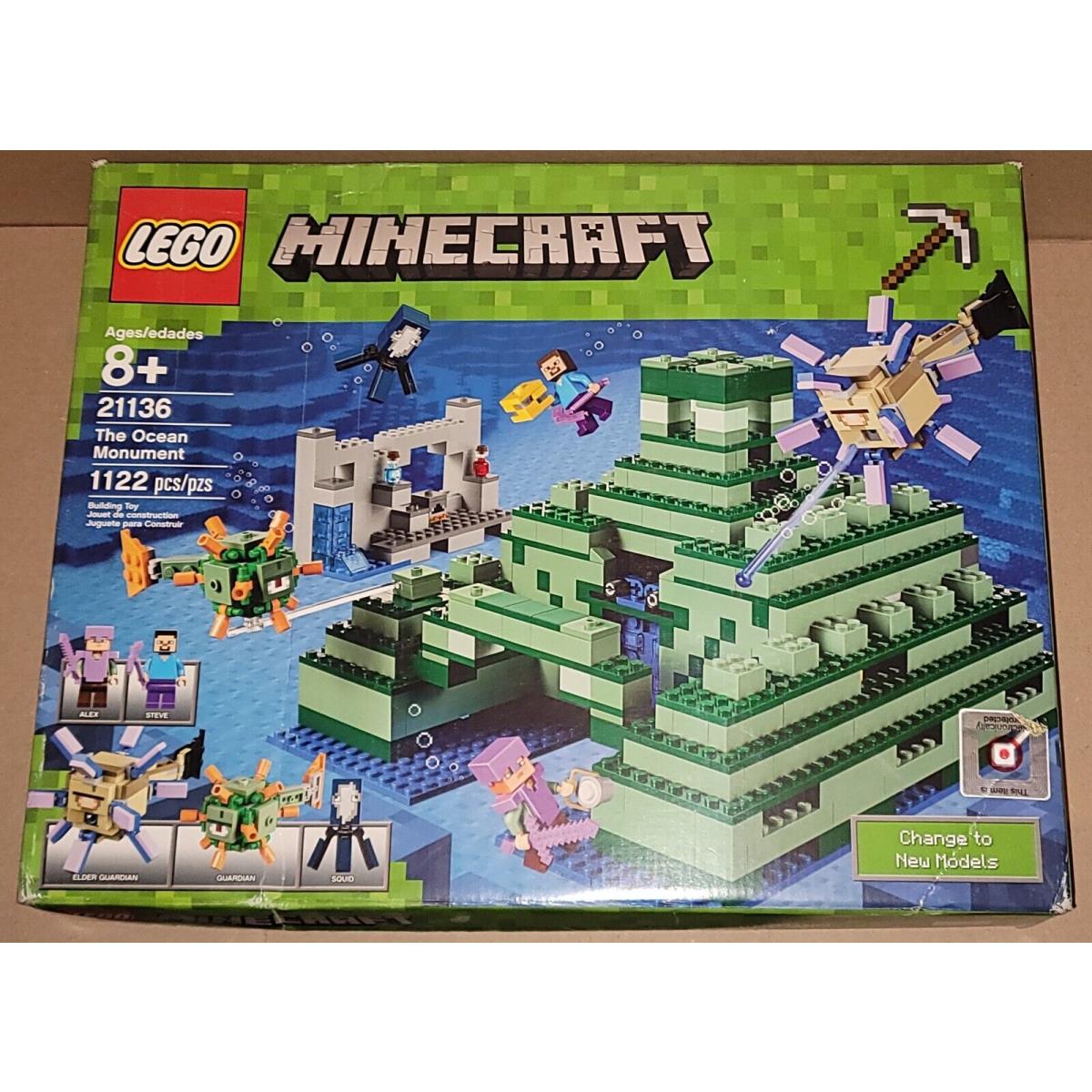 Lego 21136 The Ocean Monument Minecraft Creased Box Steve Alex Squid Guardian
