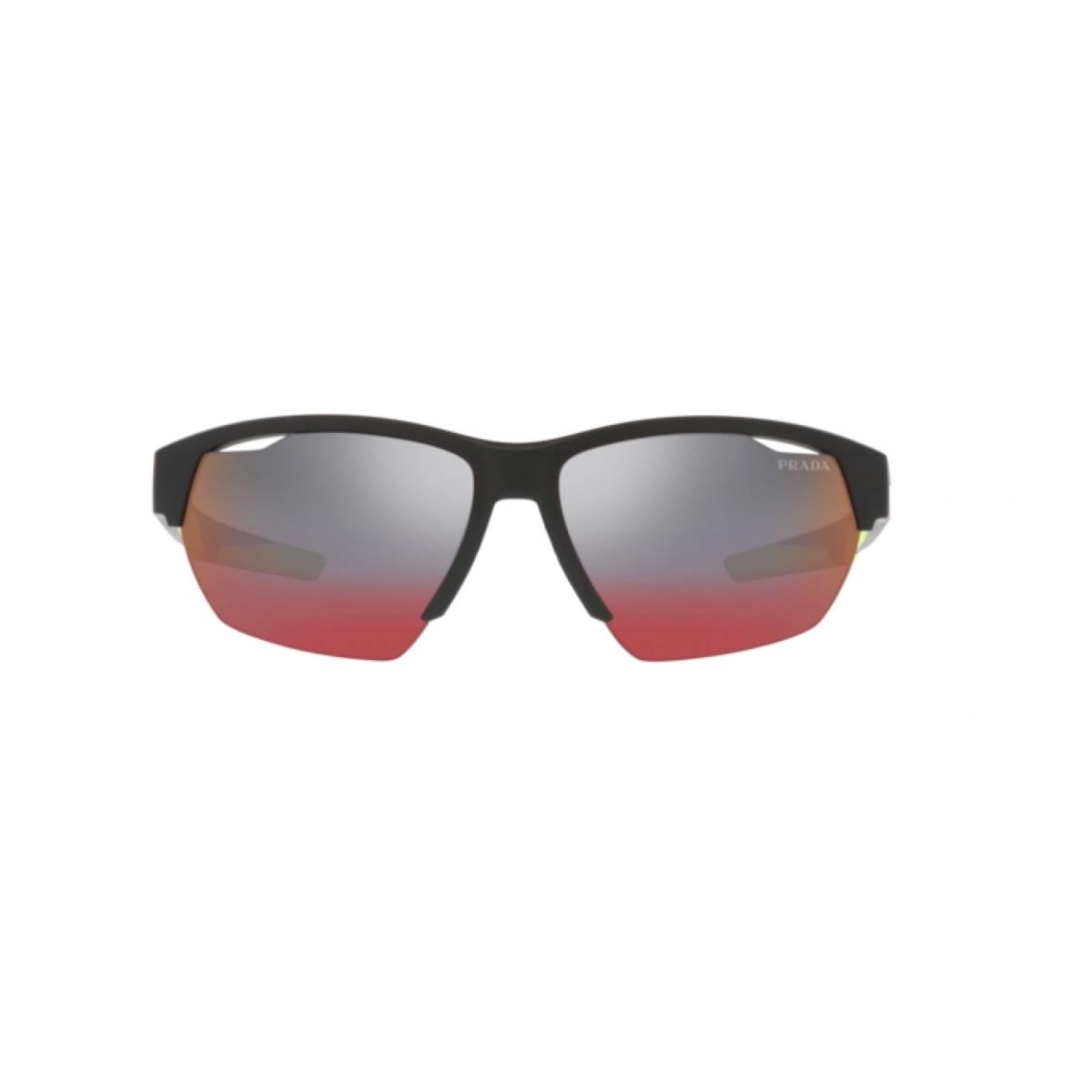 Prada Linea Rossa PS03YS 17G08F 64 Matte Black Rectangular Sunglasses - Matte Black, Frame: Matte Black, Lens: Dark Grey Mirror Blue/red Hydr