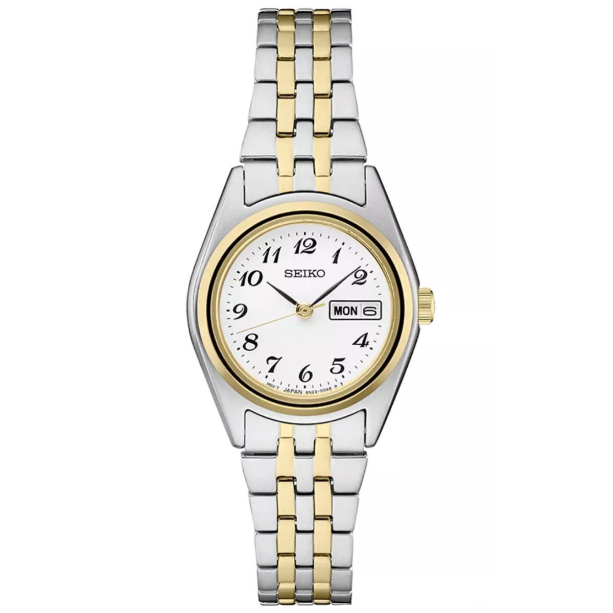 Seiko SUR438 Essentials 25.5 mm Two Tone Steel Day Date Quartz Women`s Watch