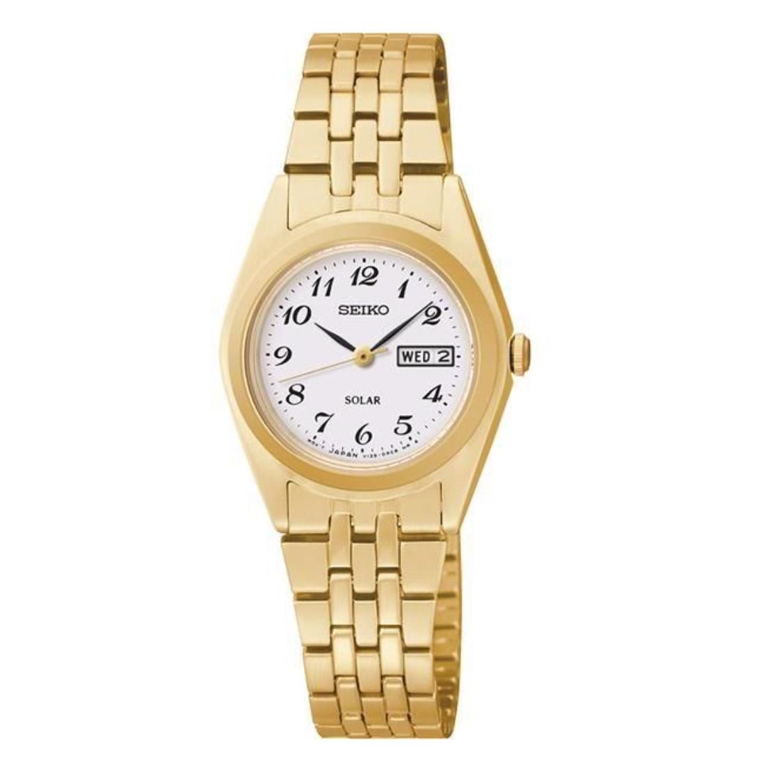 Seiko SUR440 Essentials 25.5 mm Gold Tone Steel Day Date Quartz Women`s Watch