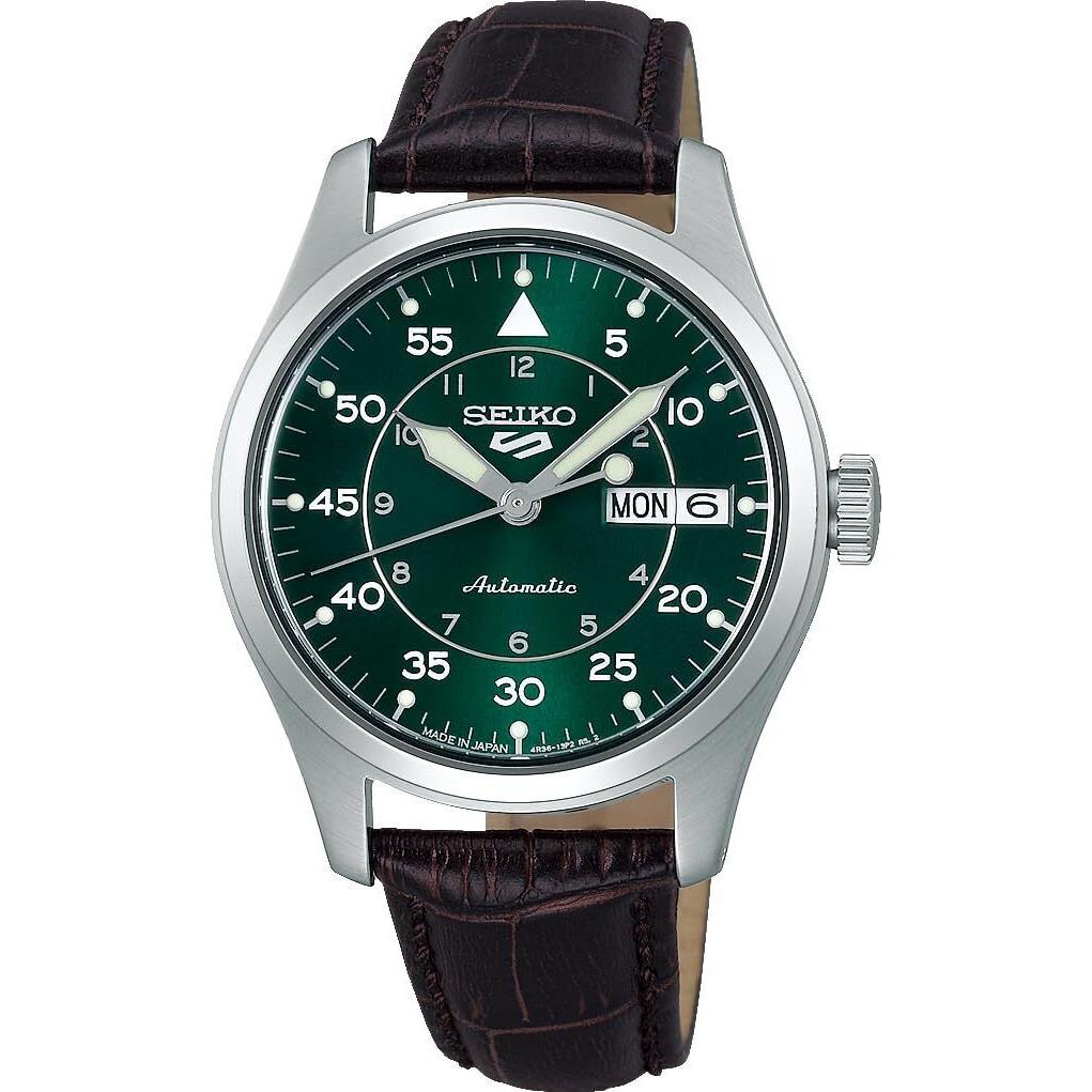 Seiko SRPJ89 Sports Field Green Dial Automatic Men`s Watch Brown Leather