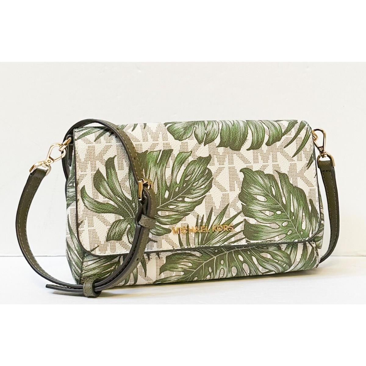 Michael Kors Jet Set Item Medium Convertible Shoulder Crossbody Bag Clutch MK VANILLA OLIVE PALM