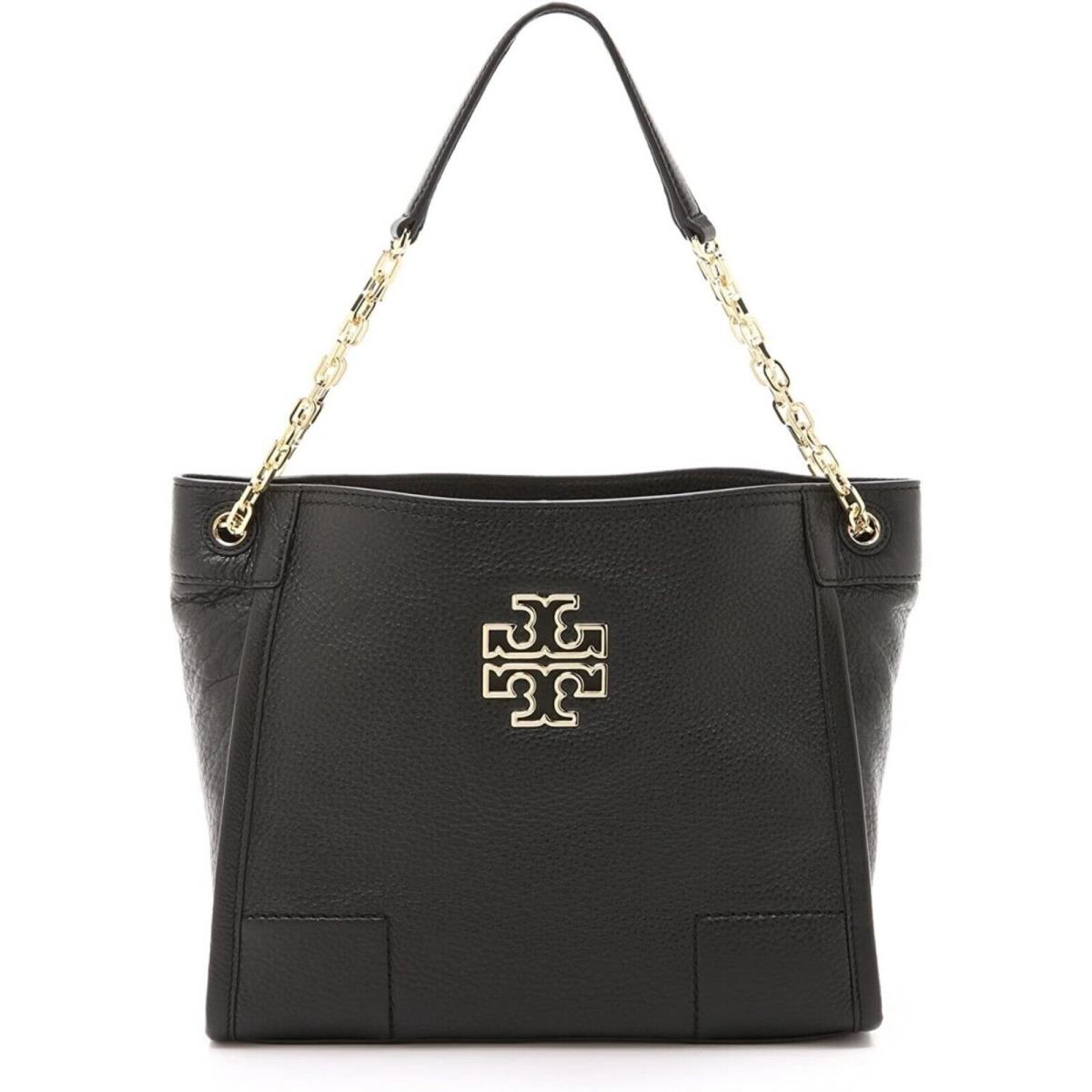 Tory Burch Small Britten Leather Tote Black Handbag Shoulder Bag - Gold Handle/Strap, Gold Hardware, Black Exterior
