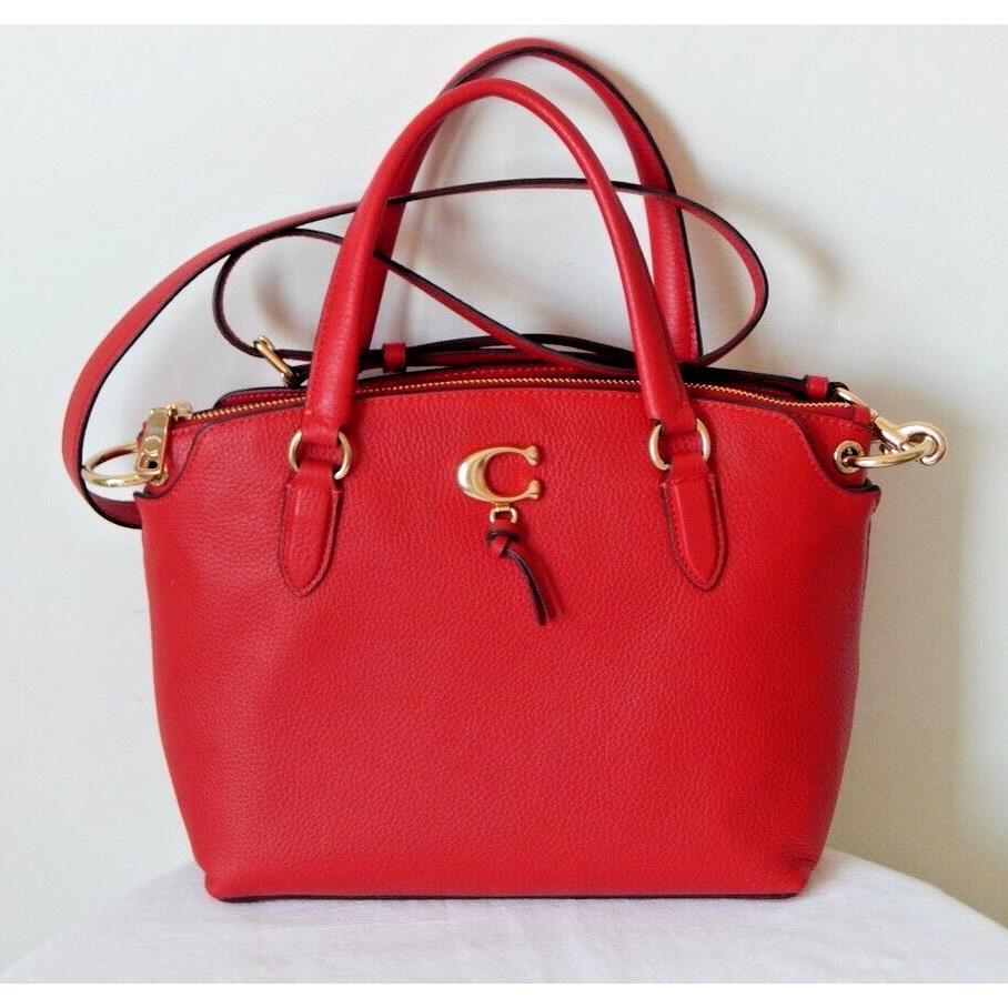 Coach Remi Pebbled Leather Three Compartments Satchel Top Handle Bag Red