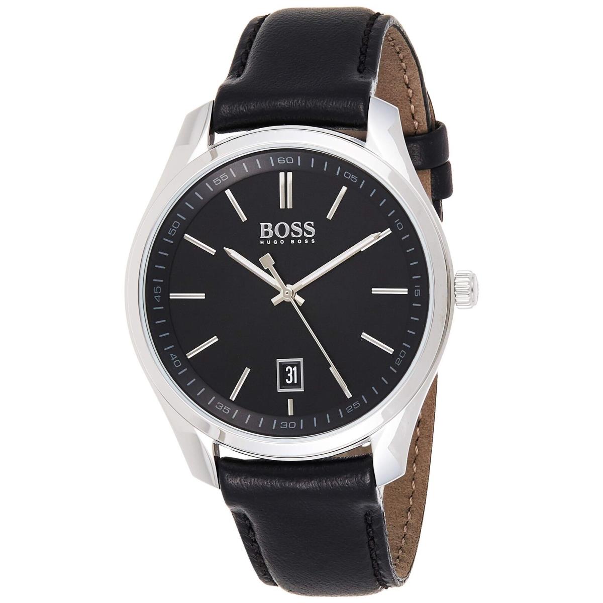 Hugo Boss 1513729 Men`s 42mm Black Leather Band Steel Case Quartz Analog Watch