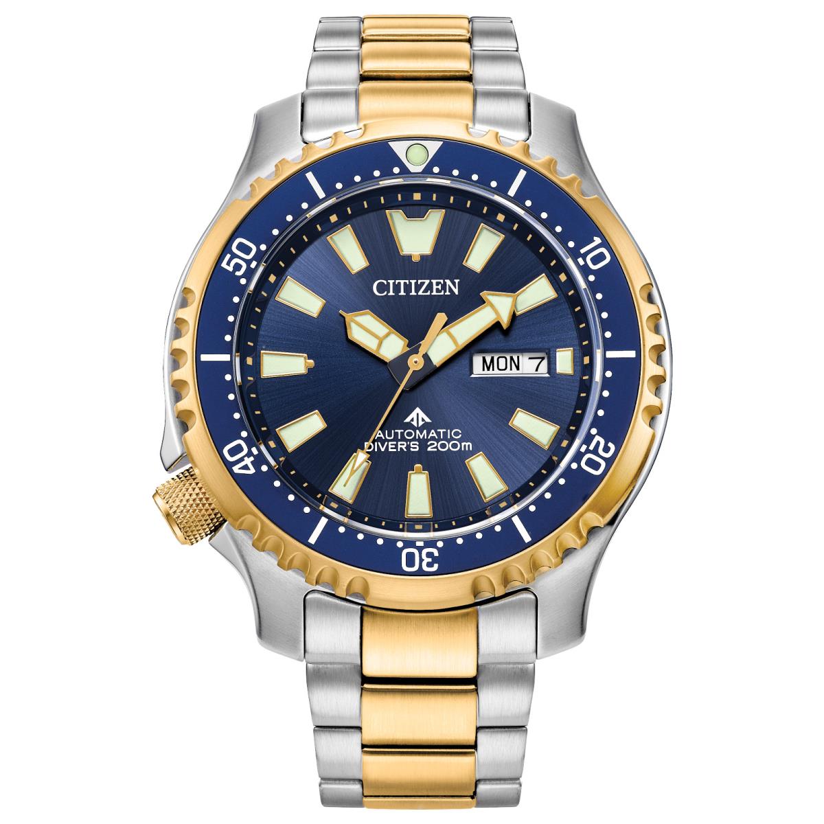 Citizen Promaster Dive Automatic Men`s Two-tone Watch 44MM NY0154-51L - Dial: Blue, Band: Gold, Multicolor, Silver, Bezel: Gold, Silver