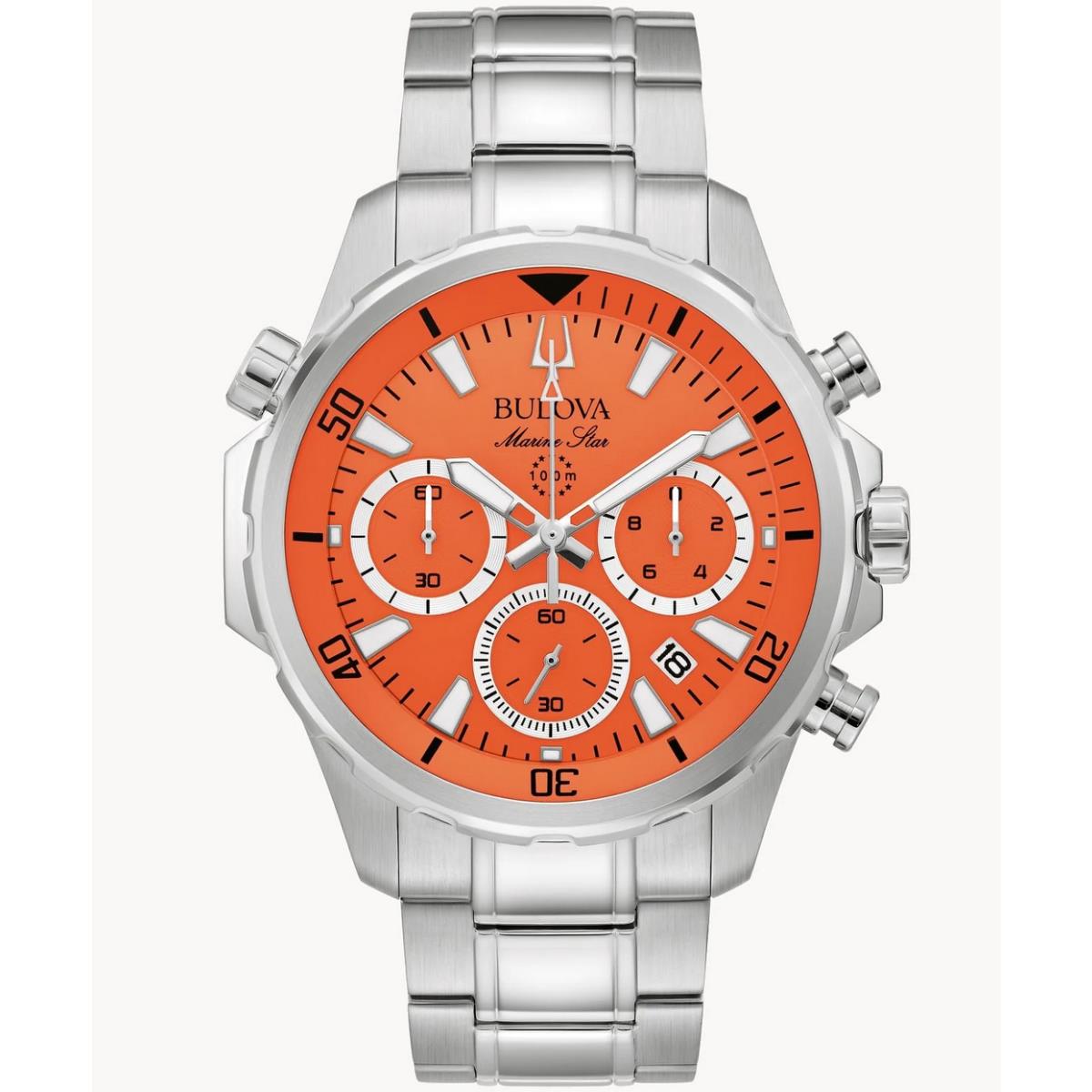 Bulova Marine Star 96B395 Orange Dial Silver Tone Stainless Steel Men`s Watch