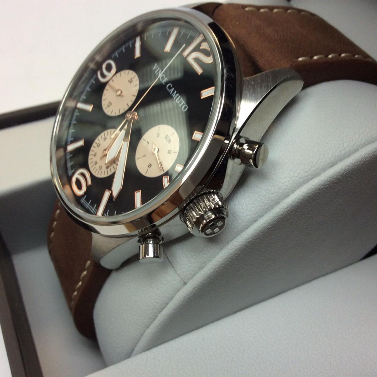 Vince Camuto Mens Watch VC 1102BKBN Black Dial Brown Leather Strap Vince Camuto watch Dial Black Band Brown Bezel Black Brown Fash Direct