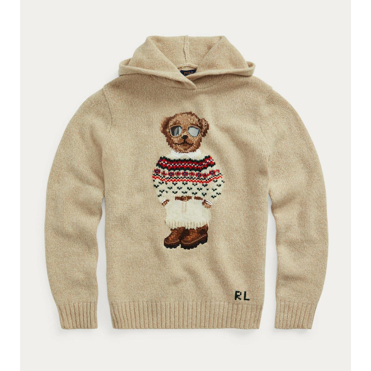 Women`s Polo Ralph Lauren Wool Cashmere Aviator Preppy Bear Hoodie Sweater