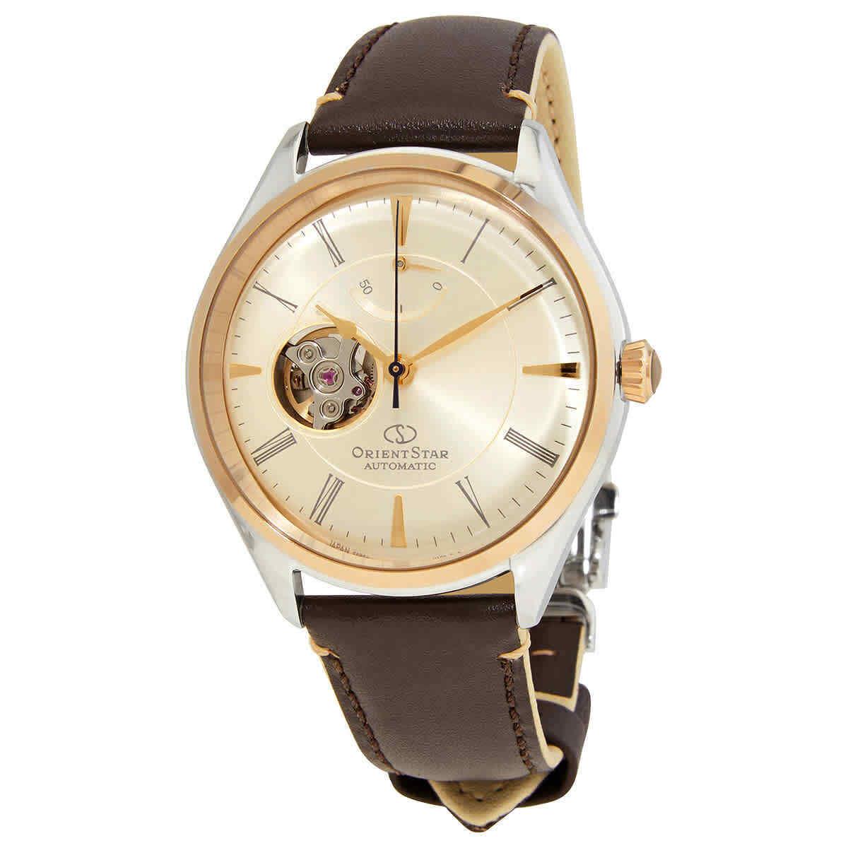 Orient Star Automatic Champagne Dial Men`s Watch RE-AT0201G00B - Dial: Champagne (Open Hear), Band: Brown, Bezel: Silver-tone