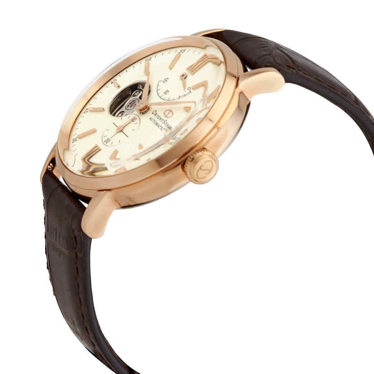 Orient Star Automatic White Dial Men`s Watch RE-AV0001S00B - Dial: White (Open Heart), Band: Brown, Bezel: Rose Gold-tone