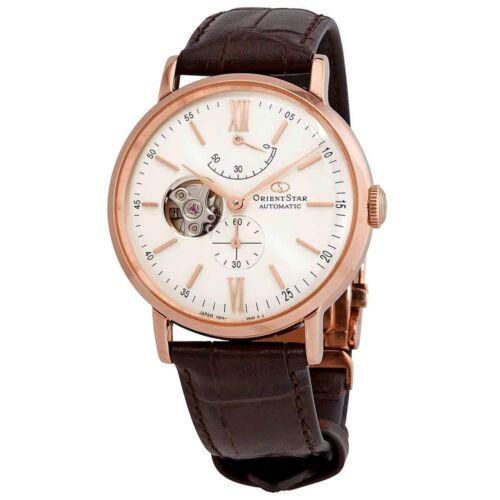 Orient Men`s Watch Star White Open Heart Dial Brown Leather Strap RA-AV0001S00B - White Dial, Brown Band