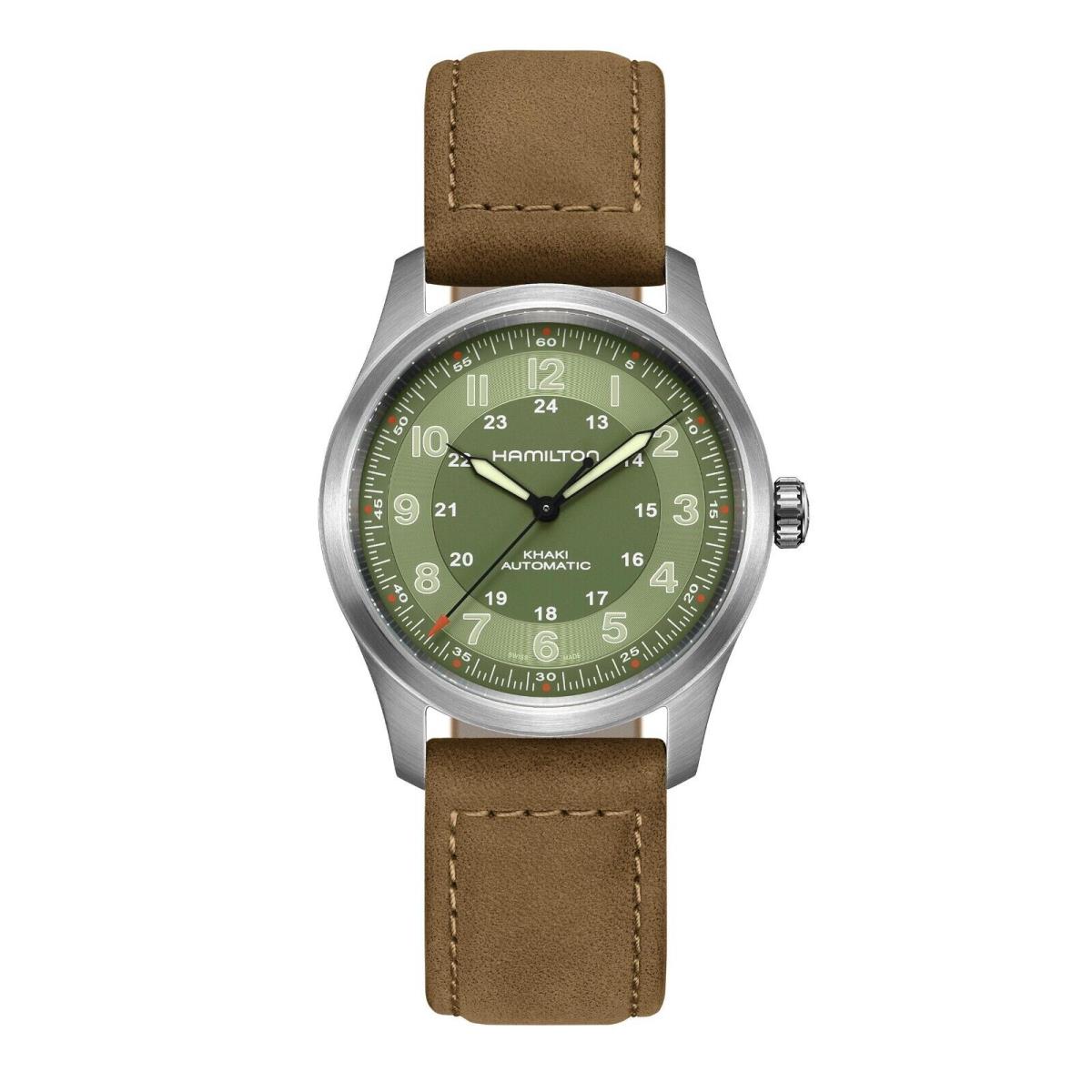 Hamilton Khaki Field Titanium Case Green Dial Calf Strap 38MM H70205860 - Dial: Green, Band: Brown