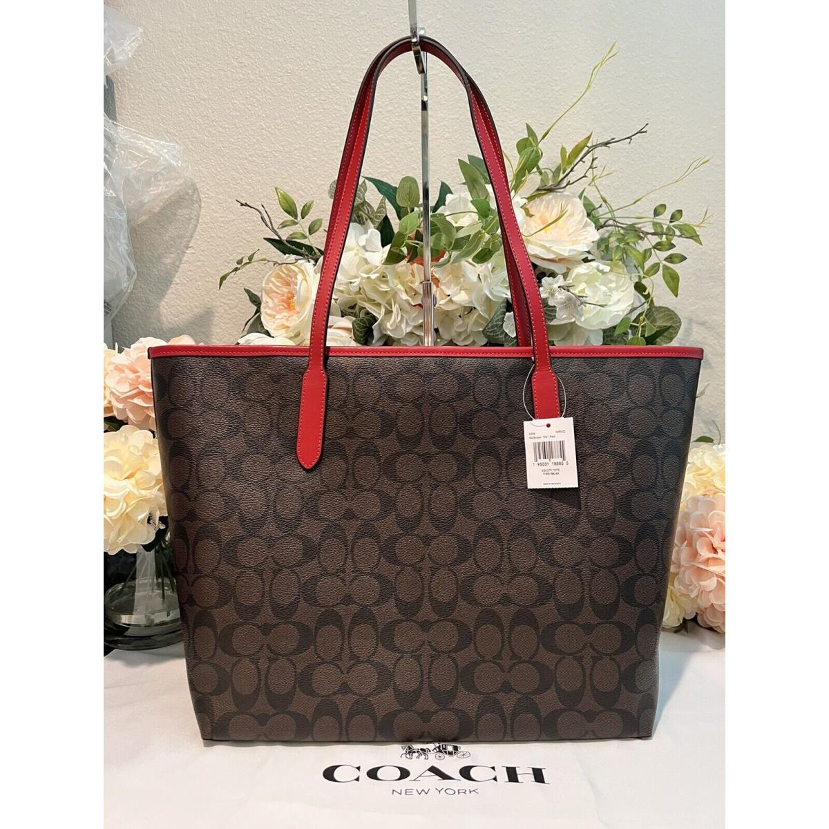 Coach Canvas/leather City Tote/shopper/shoulder Bag Brown/red