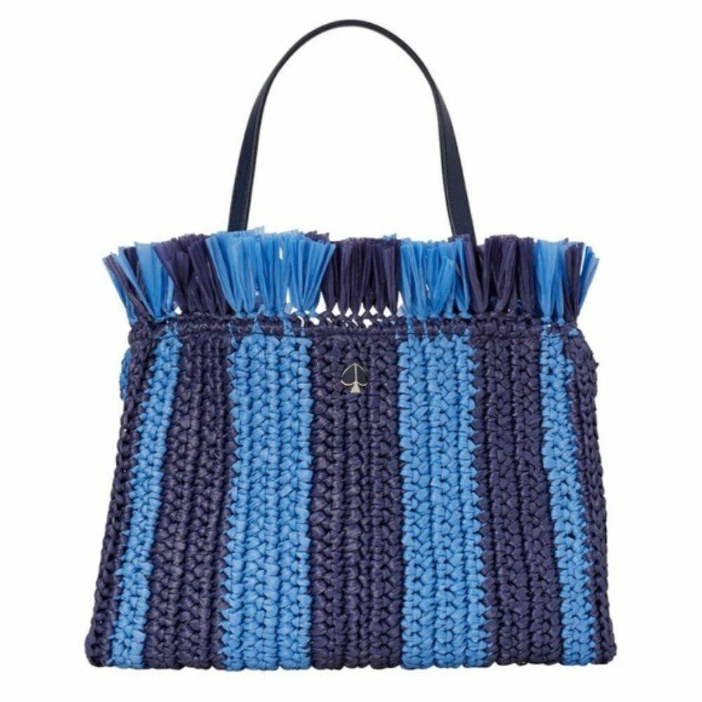 Women`s Kate Spade Blue Sam Stripe Straw Medium Satchel