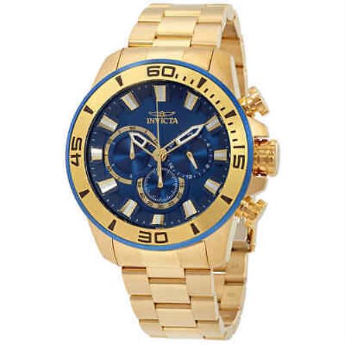 Invicta Pro Diver Chronograph Blue Dial Men`s Watch 22587 - Dial: Blue, Band: Yellow Gold-tone, Bezel: Yellow Gold-tone