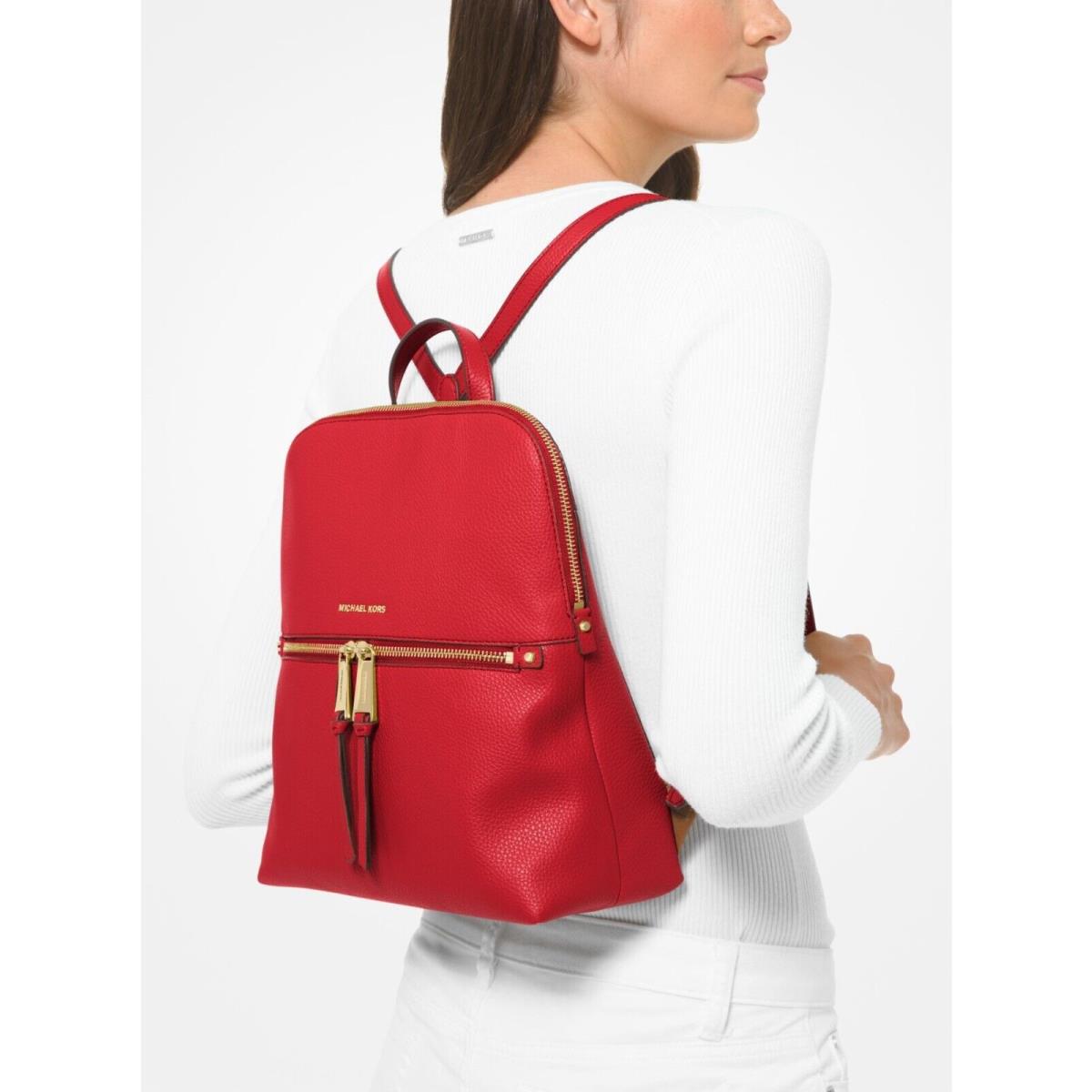 Michael Kors Rhea Medium Pebble Leather Slim Backpack Black Pink or Red Dust Bag Red Medium Slim Leather Backpack