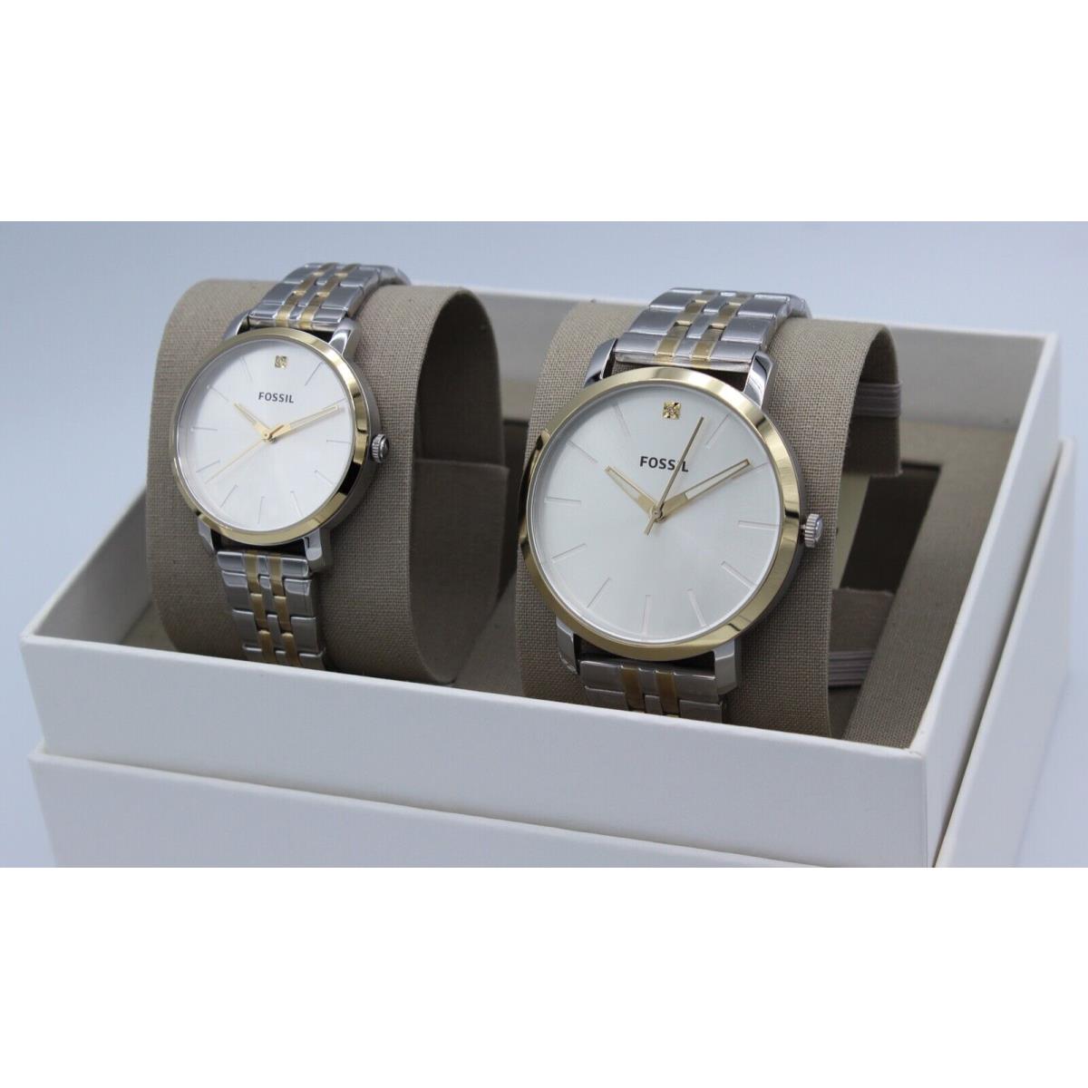 Fossil Luther Lux Diamond Silver Gold His Her BQ2467 Set Watch