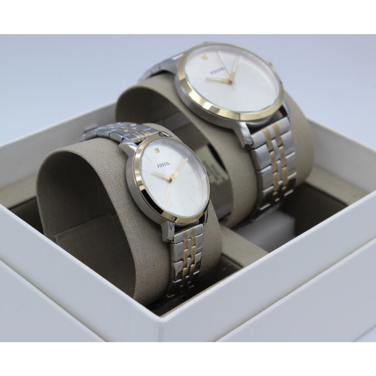 Fossil Luther Lux Diamond Silver Gold His Her BQ2467 Set Watch