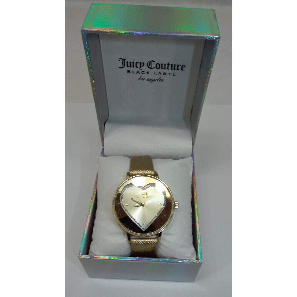 Womens Juicy Couture Black Label Gold Heart Leather Band Box Watch