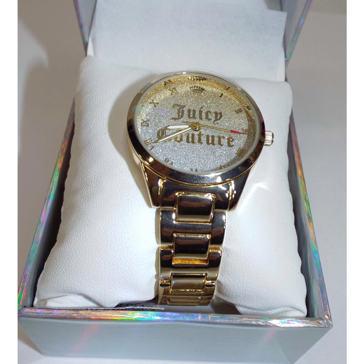 Womens Juicy Couture Black Label Gold Bling Metal Band Box Watch