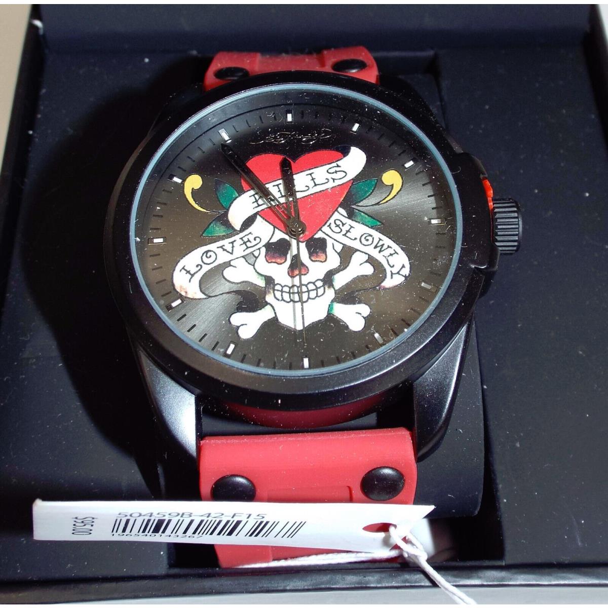 Mens Ed Hardy Men`s Skull Red Silicone Strap Watch 46mm Boat Dive