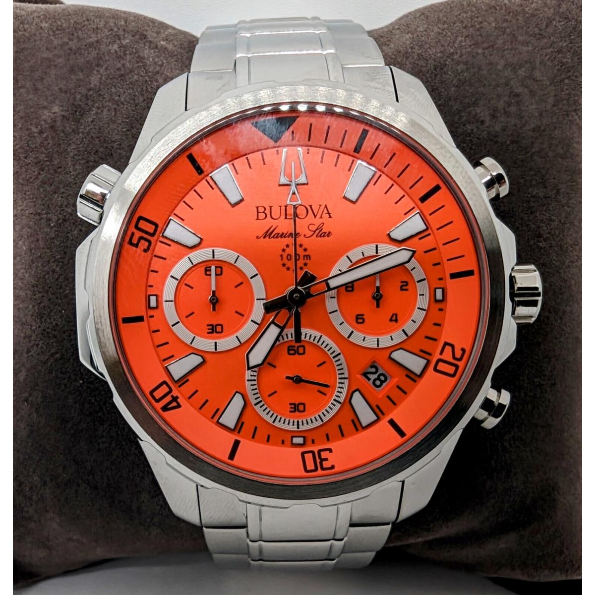 Bulova Orange Dial Marine Star Silver Tone Stainless Steel Men`s Watch 96B395