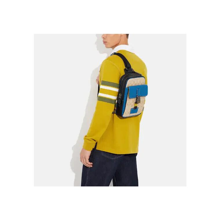 Coach Men`s Sling Track Backpack Colorblock Khaki Blue Leather Canvas Bag