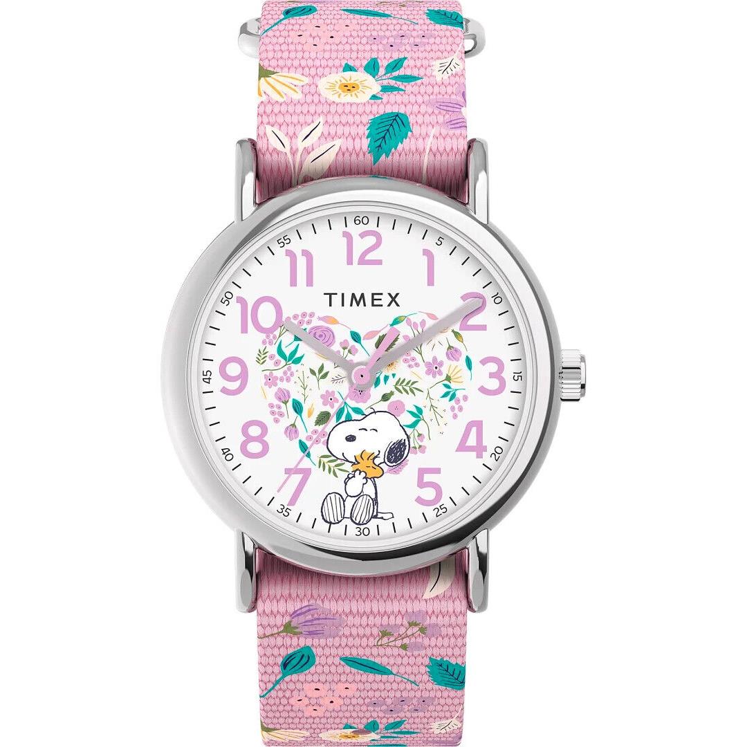 Timex TW2V77800 Peanuts-snoopy Weekender Watch Nylon Strap Indiglo - Dial: White, Band: Pink, Bezel: Silver
