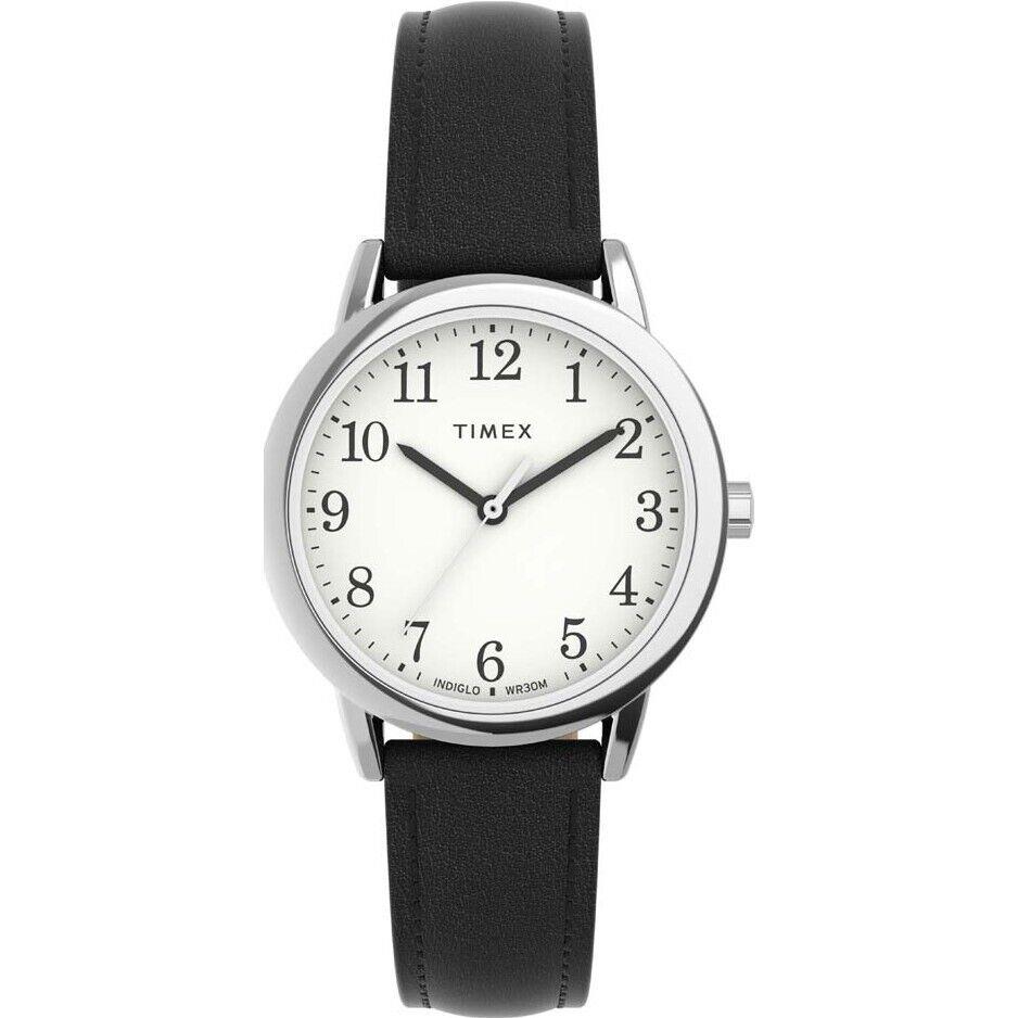 Timex TW2V69100 Women`s Easy Reader Black Leather Watch Indiglo - White Dial, Black Band