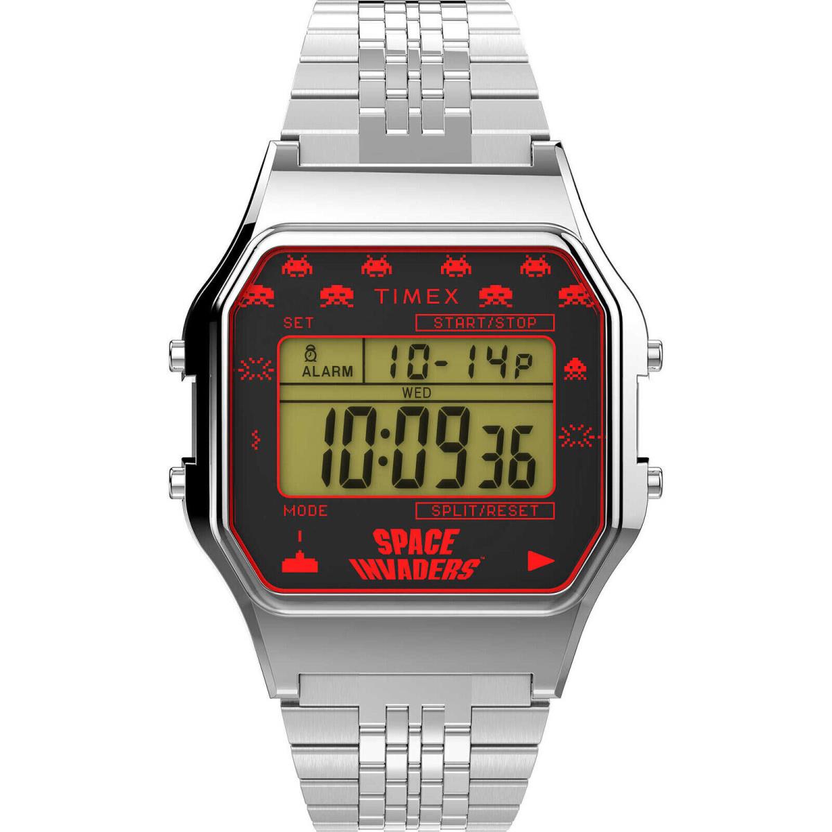 Timex 80 TW2V30000 Space Invaders Unisex Digital Chronograph Watch Silver-tone