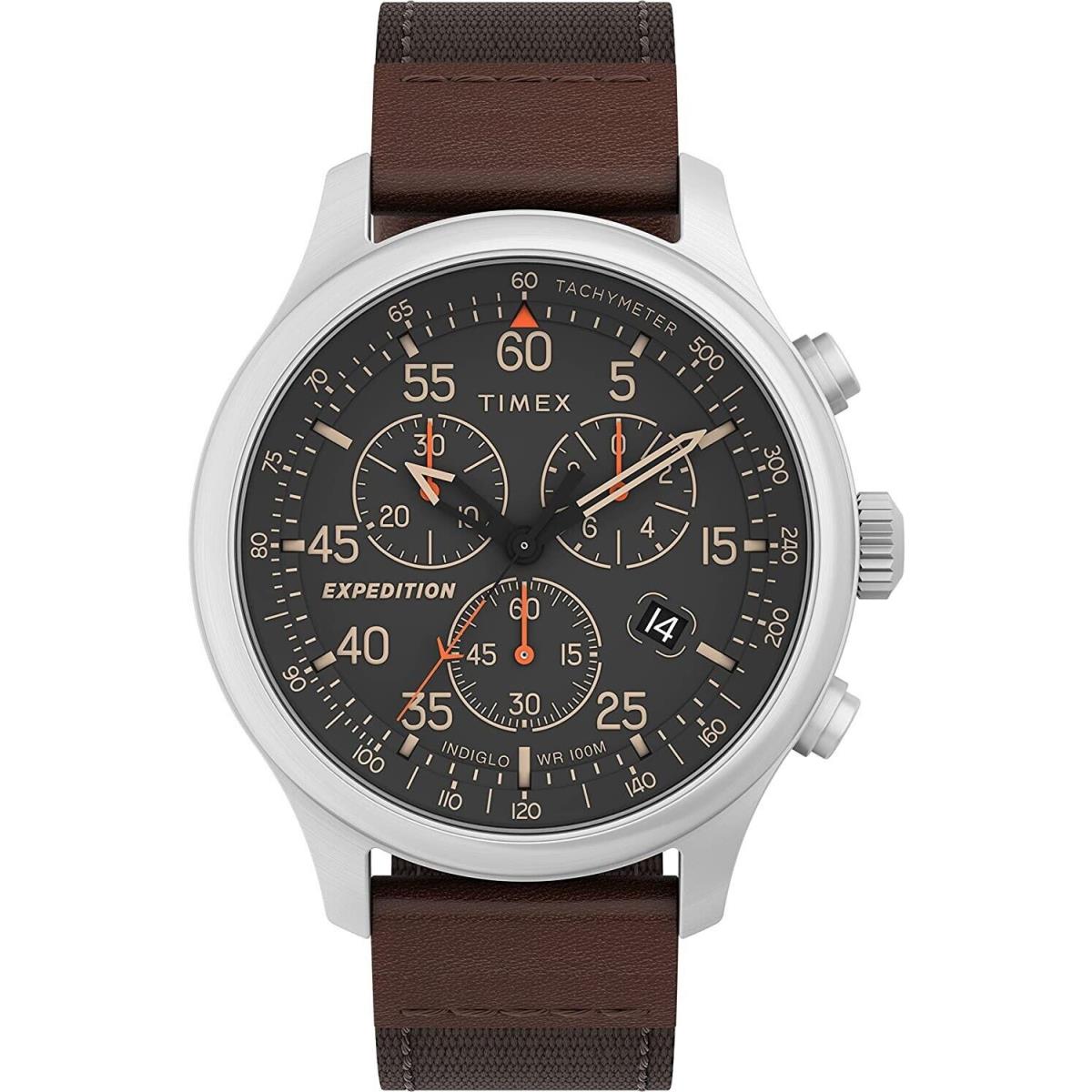 Timex TW4B26800 Men`s Expedition Field Brown Combo Band Chronograph Watch - Dial: Black, Band: Brown, Bezel: Silver