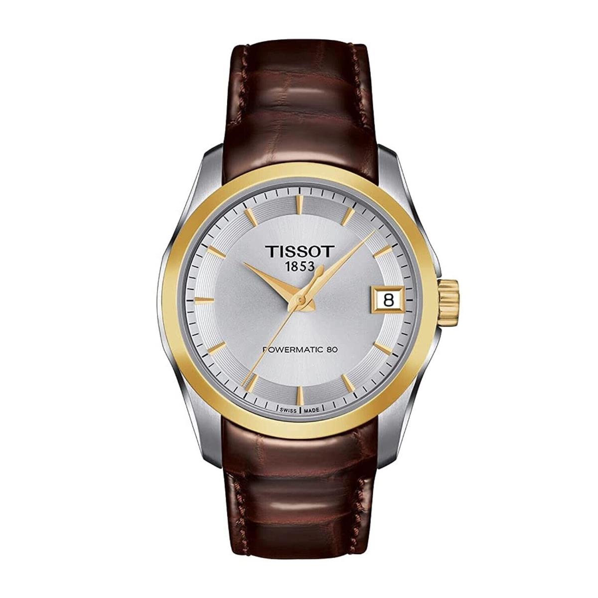 Tissot Ladies Couturier Powermatic 80 Silver Dial Watch - T0352072603100 - Dial: Silver, Band: Brown, Bezel: Gold