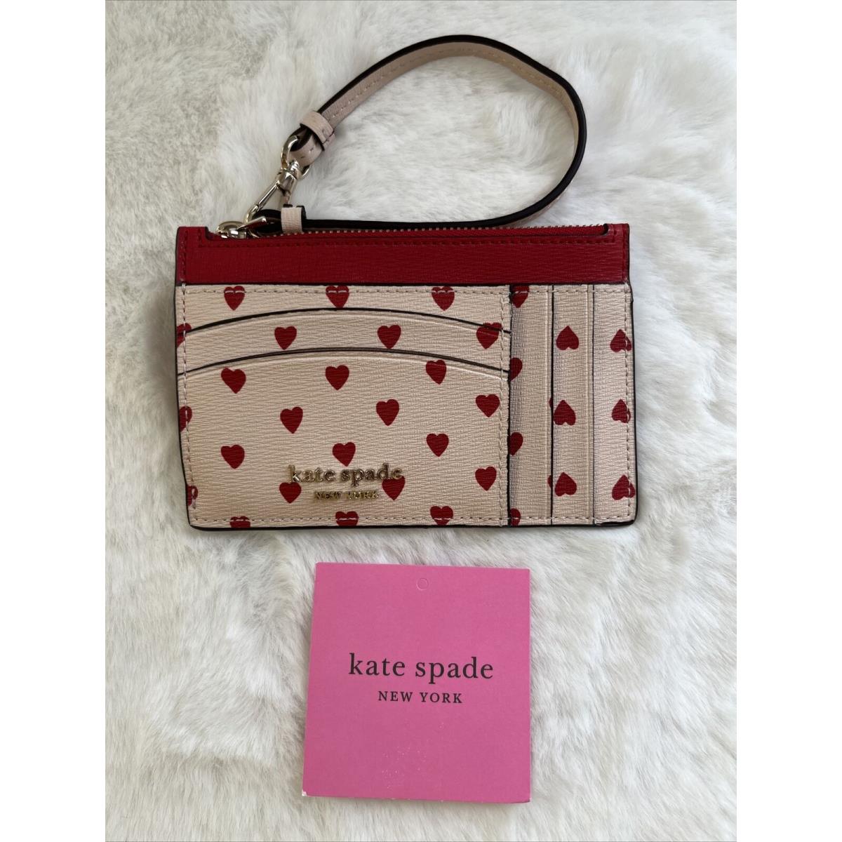 New Kate Spade Spencer Hearts Print Cardholder Wristlet + Keyring Milk Glass