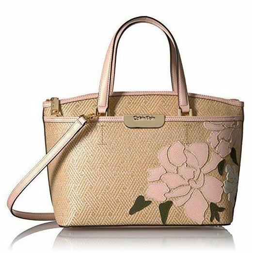 Calvin Klein Large Satchel Natural White Crossbody Tote Lola Floral Top Zip - Lining: Beige, Hardware: Gold, Exterior: Natural White